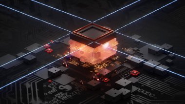 Karanlık devre kartı arka planında küp olan Isometric yapay zeka, bir web sitesi için iniş sayfası şeklinde illüstrasyon, büyük verileri işleyen bir sunucu. 3d hazırlayıcı
