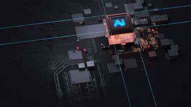 Ana karttaki Ai işlemci çipi - mikroçipler ve diğer bilgisayar parçalarıyla birlikte bir devre kartındaki bir bilgisayar işlemci çipinin soyut 3D görüntüsü