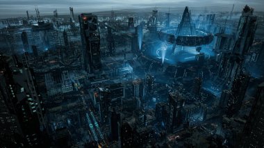 Future city skyline 3D scene. Futuristic cityscape creative concept. skyscrapers, towers, tall buildings. Panoramic urban view of megapolis town, sky background. 3d render