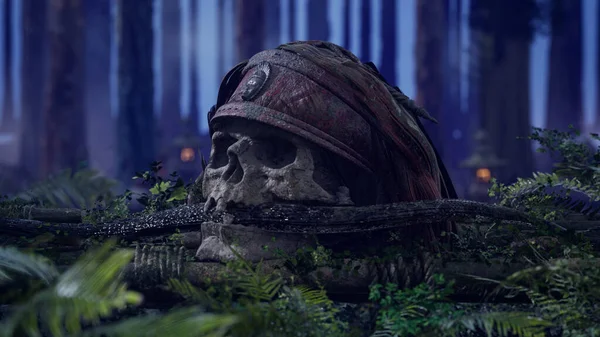 Crâne Humain Pirate Avec Serpent Ruines Antiques Dans Jungle Concept Image En Vente