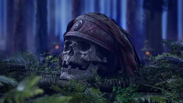 Crâne Humain Pirate Ruines Antiques Dans Jungle Concept Exploration Aventure Photo De Stock