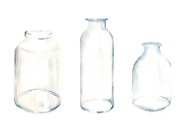 Набор Прозрачных Стеклянных Бутылок Ваз Банок Различной Формы Акварель Белом — стоковое фото