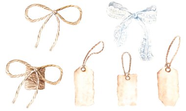 Jute kordonu ve beyaz dantel fiyonklar, eski model kağıt etiketler. El çizimi suluboya çizimi. Beyaz bir arka planda izole edilmiş. Buketler ve hediye tasarımları için. Kırsal dekorasyon.