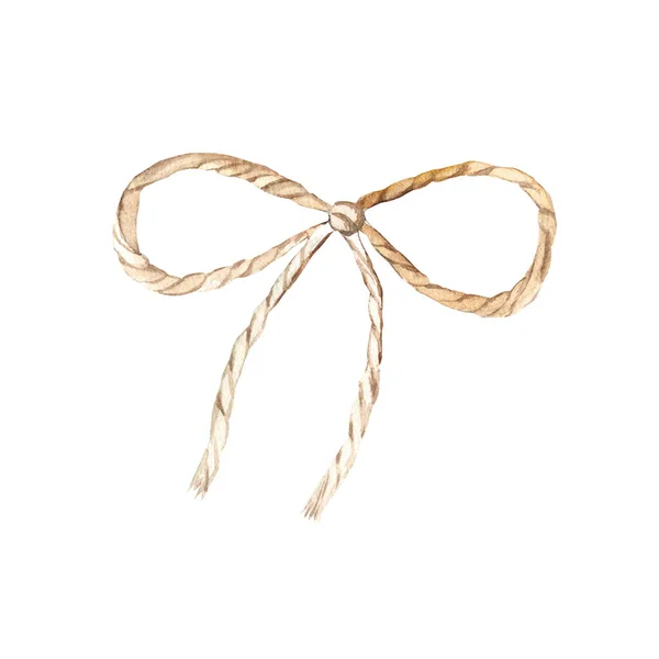 ジュートコード弓の結び目 手描き水彩バラップリネンロープイラスト 白い背景に隔離されている 花束の包帯のためのツイン 素朴な装飾 — ストック写真