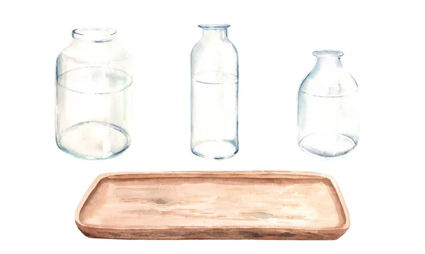 Набор Прозрачных Стеклянных Бутылок Ваз Банок Различной Формы Деревянных Подносов — стоковое фото