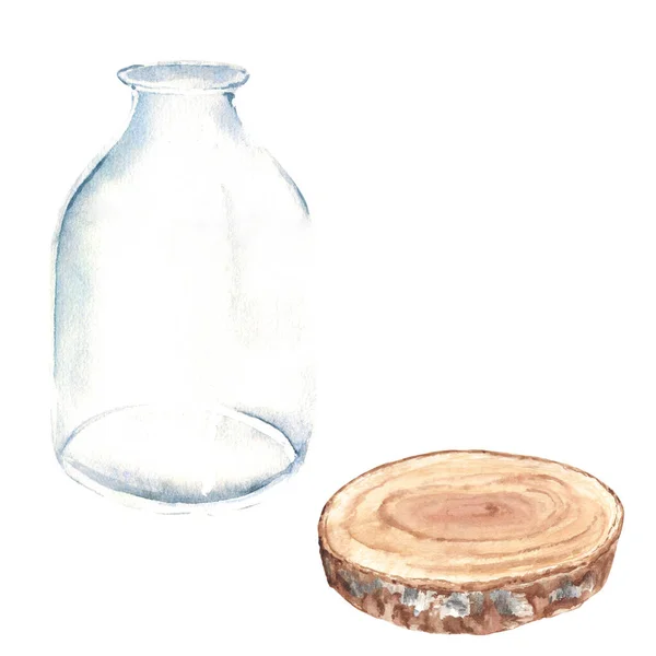 Набор Прозрачной Стеклянной Бутылки Вазы Банки Деревянной Пилы Бокового Вида — стоковое фото