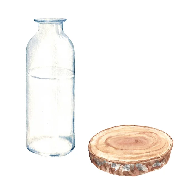 Набор Прозрачной Стеклянной Бутылки Вазы Банки Деревянной Пилы Бокового Вида — стоковое фото