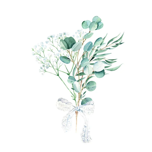 Eucalyptus Watercolor Bouquet Willow Silver Dollar Gypsophila Branches White Lace — Stock Photo, Image