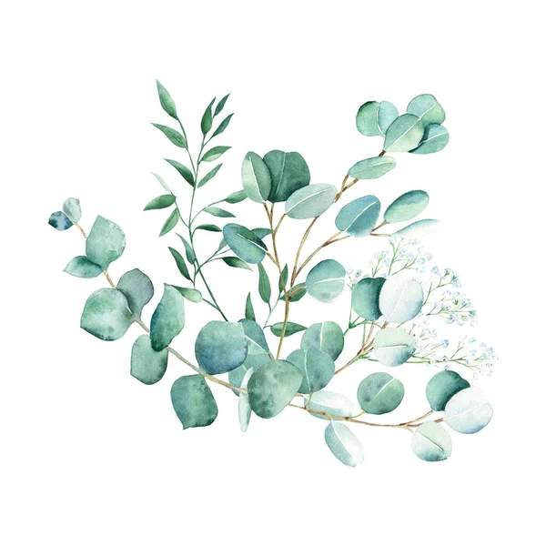 Akvarel Kytice Zeleně Eukalyptus Gypsophila Pistáciové Větve Ručně Kreslené Botanické — Stock fotografie