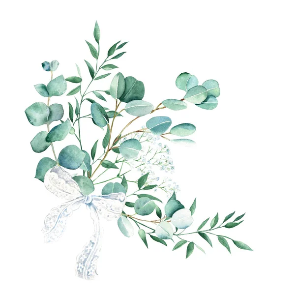 stock image Watercolor greenery bouquet with white lace bow. Eucalyptus, gypsophila and pistachio branches. Hand drawn botanical illustration isolated on white background. Can be used for greeting cards, posters