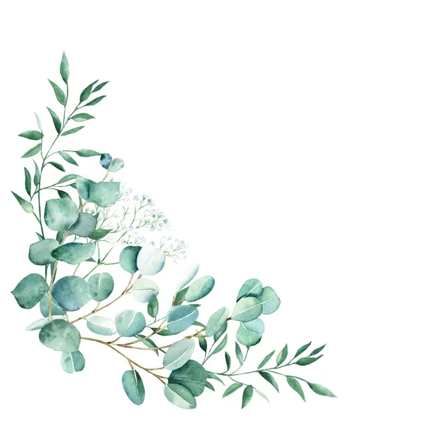 Aquarell Blattstrauß Ecke Eukalyptus Zigeuner Und Pistazienzweige Handgezeichnete Botanische Illustration — Stockfoto