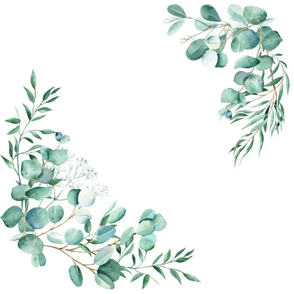 Aquarell Blattsträuße Ecken Eukalyptus Zigeuner Und Pistazienzweige Echt Blau Weide — Stockfoto