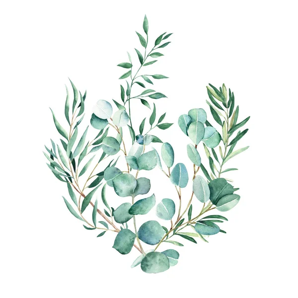 Akvarelová Kytice Eukalyptus Pistáciové Olivové Větve Pravá Modrá Vrba Stříbrný — Stock fotografie