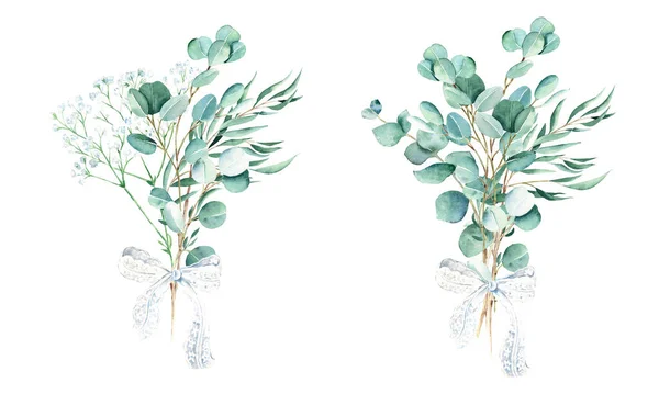 Eucalyptus Akvarel Kytice Dva Vrba Pravý Modrý Stříbrný Dolar Gypsophila — Stock fotografie