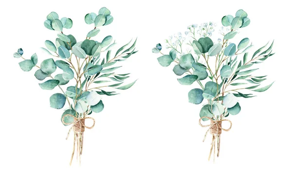 Eucalyptus Akvarel Kytice Dva Vrba Pravá Modrá Stříbrná Dolarová Gypsophila — Stock fotografie