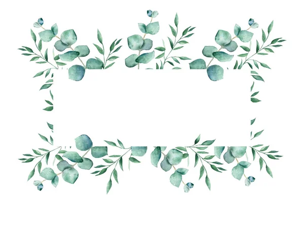 Watercolor Floral Horisontal Frame Eucalyptus Pistachio Branches Isolated White Background — Stock Photo, Image