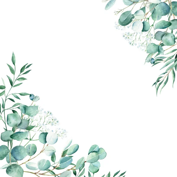 Akvarelový Rám Eukalyptus Gypsophila Pistáciové Větve Rustikální Zeleň Ručně Kreslené — Stock fotografie