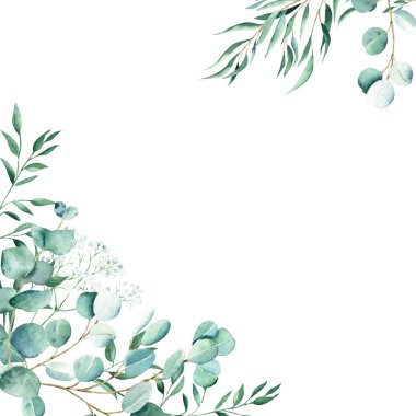 Suluboya çerçeve, okaliptüs, çingene ve şam fıstığı dalları. Kırsal yeşillik. El çizimi botanik çizimi beyaz arka planda izole edilmiş. Kırtasiye için ideal, davetler, tarihi kaydet