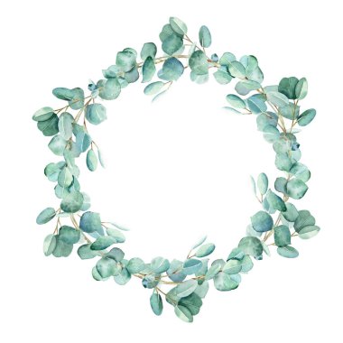Beyaz arka planda izole edilmiş suluboya okaliptüs yuvarlak çerçeve. El çizimi botanik çizimi. Kırtasiye için ideal, düğün davetiyeleri, tarihi kaydet, tebrik kartı, logolar, çıkartmalar