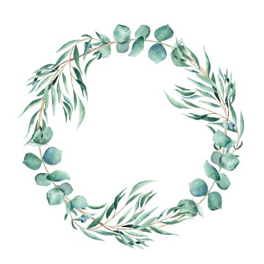 Suluboya okaliptüs yuvarlak çerçeve, beyaz arka planda izole çelenk. El çizimi botanik çizimi. Kırtasiye için ideal, düğün davetiyeleri, tarihi kaydet, tebrik kartı, logolar, baskılar