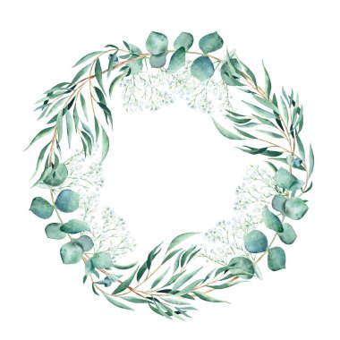 Suluboya okaliptüs ve çingene yuvarlak çerçeve, beyaz arka planda izole edilmiş çelenk. El çizimi botanik çizimi. Kırtasiye için ideal, düğün davetiyeleri, tarihi kaydet, tebrik kartı, logolar