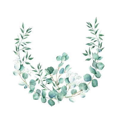 Suluboya çelenk, okaliptüs, çingene ve şam fıstığı dalları. Kırsal yapraklar. El çizimi botanik çizimi beyaz arka planda izole edilmiş. Kırtasiye için ideal, davetler, kaydet