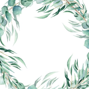 Suluboya okaliptüs kare çerçevesi. El çizimi botanik çizimi beyaz arka planda izole edilmiş. Düğün, doğum günü, yıldönümü, tebrik kartları için davetiye olarak kullanılabilir