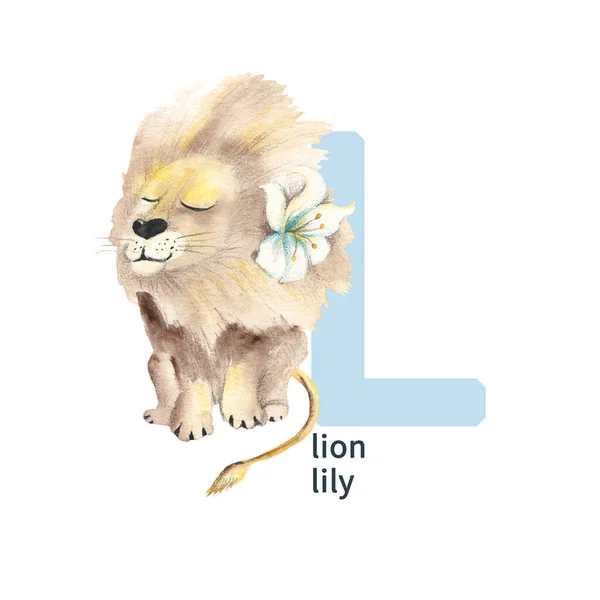 Letter Lion Lily Cute Kids Colorful Animals Flower Abc Alphabet — Foto Stock