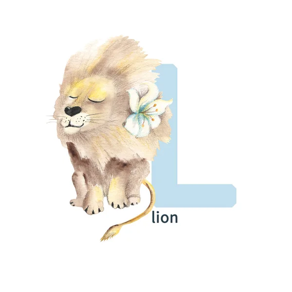 Letter Lion Cute Kids Animal Abc Alphabet Watercolor Illustration Isolated — Foto Stock