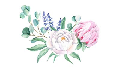 Watercolor bouquet, white and pink peony, lavender, eucalyptus. Hand painted illustration isolated on white background. Can be used for greeting cards, wedding invitations, save the date, textile and
