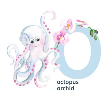 Letter O, octopus, orchid, cute kids animal and flower ABC alphabet. Watercolor illustration isolated on white background. Can be used for alphabet or cards for kids learning English vocabulary and