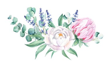Watercolor bouquet, white and pink peony, lavender, eucalyptus. Hand painted illustration isolated on white background. Can be used for greeting cards, wedding invitations, save the date, textile and