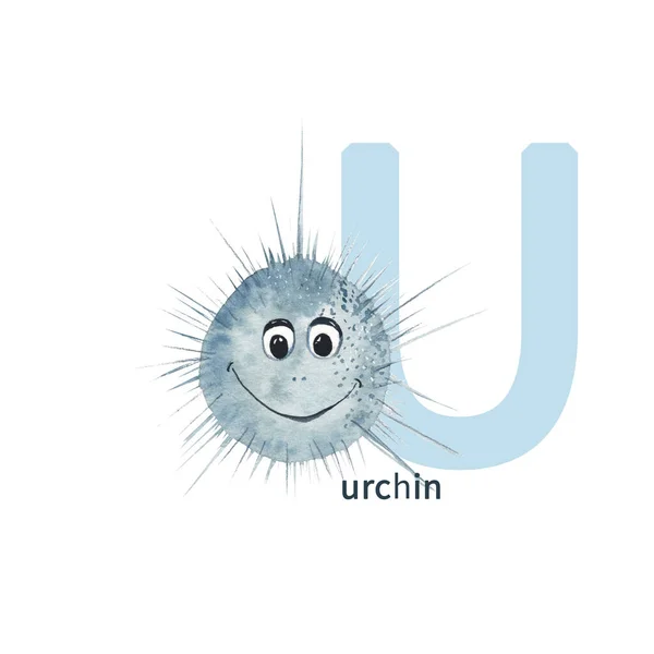 Letter Urchin Cute Kids Animal Abc Alphabet Watercolor Illustration Isolated — Stock fotografie