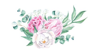 Watercolor bouquet, white and pink peony, eucalyptus and gypsophila branches. Hand painted illustration isolated on white background. Can be used for greeting cards, wedding invitations, save the date