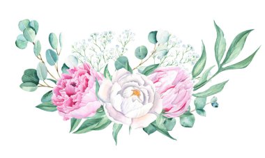 Watercolor bouquet, white and pink peony, eucalyptus and gypsophila branches. Hand painted illustration isolated on white background. Can be used for greeting cards, wedding invitations, save the date