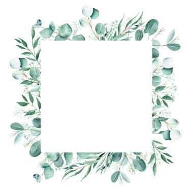 Eucalyptus, gypsophila and pistachio branches. Watercolor greenery square frame. Hand drawn botanical illustration. Can be used for logo design, as invitation card for wedding, birthday, anniversary