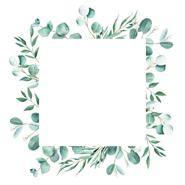 Watercolor square frame with eucalyptus and pistachio branches. Hand drawn botanical illustration isolated on white background. Can be used for logo design, as invitation card for wedding, birthday