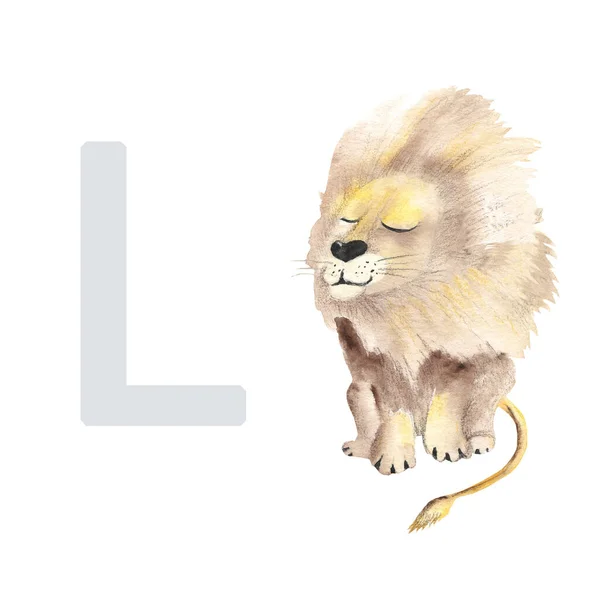 Letter Lion Cute Kids Animal Abc Alphabet Watercolor Illustration Isolated — Foto Stock