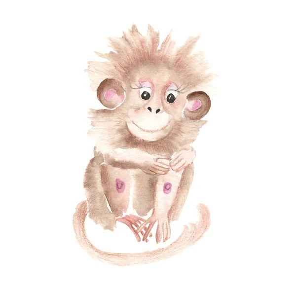 Cute monkey isolated on white background. Watercolor hand drawn illustration. Perfect for kid cards and posters, clothes prints and wallpaper design, scrapbooking