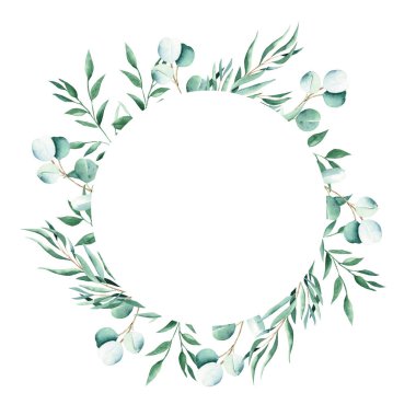 Eucalyptus and pistachio branches. Watercolor circle frame isolated on white background. Hand drawn botanical illustration. Can be used for logo design, as invitation card for wedding, birthday