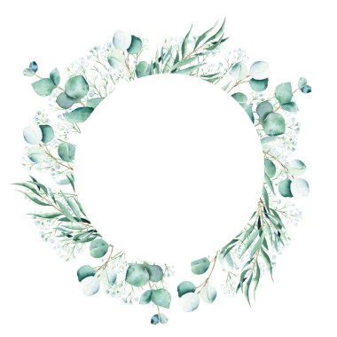 Eucalyptus and gypsophila branches. Watercolor circle frame isolated on white background. Hand drawn botanical illustration. Can be used for logo design, as invitation card for wedding, birthday