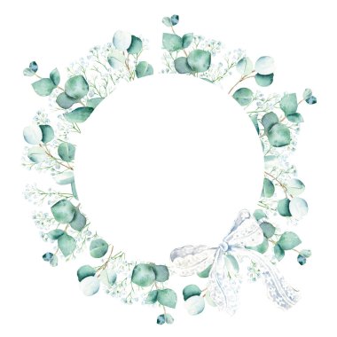 Eucalyptus and gypsophila branches with white lace bow. Watercolor circle frame isolated on white background. Hand drawn botanical illustration. Can be used for logo design, as invitation card for