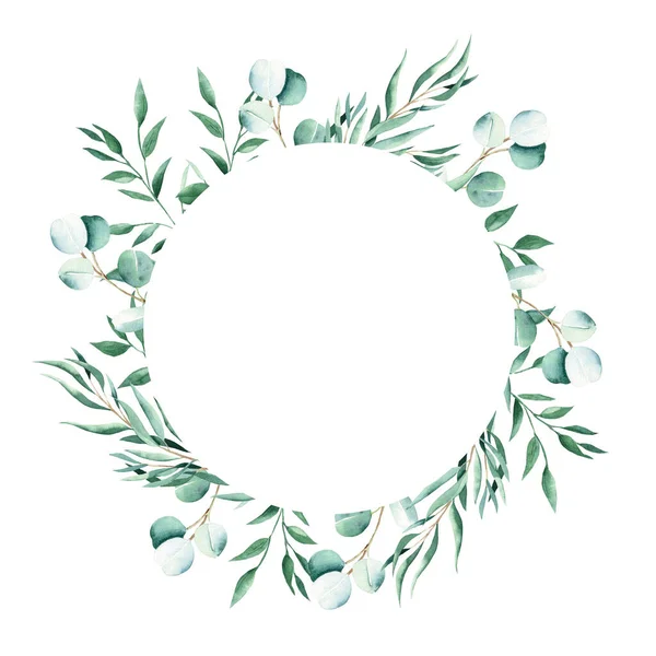 Eucalyptus and pistachio branches. Watercolor circle frame isolated on white background. Hand drawn botanical illustration. Can be used for logo design, as invitation card for wedding, birthday
