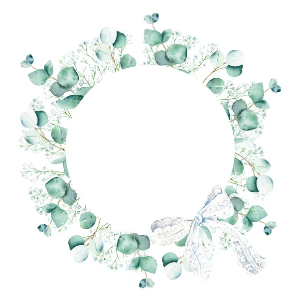 Eucalyptus and gypsophila branches with white lace bow. Watercolor circle frame isolated on white background. Hand drawn botanical illustration. Can be used for logo design, as invitation card for