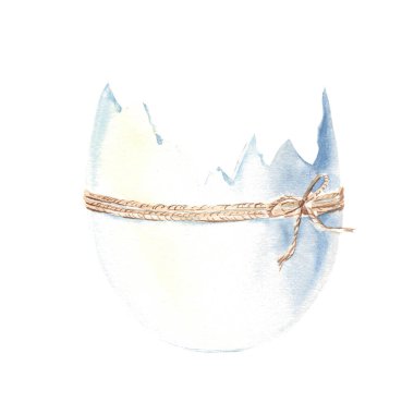 Watercolor Happy Easter egg with jute cord. Hand drawn illustration for greating, party card, postcard design, fabric print, backgrounds