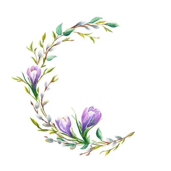 Easter floral wreath with spring crocus, willow branches. Watercolor hand drawn illustration. Perfect for cards, posters, festive designs