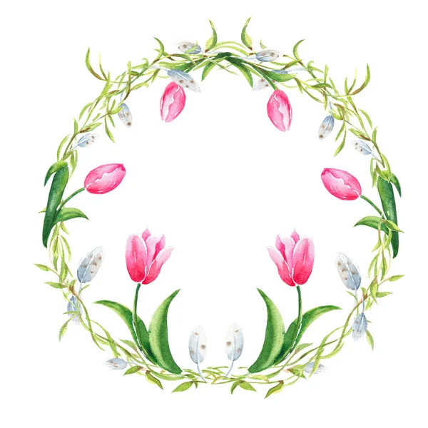 Easter floral wreath with spring tulips, plumelets willow branches. Watercolor hand drawn illustration. Perfect for cards, posters, festive designs