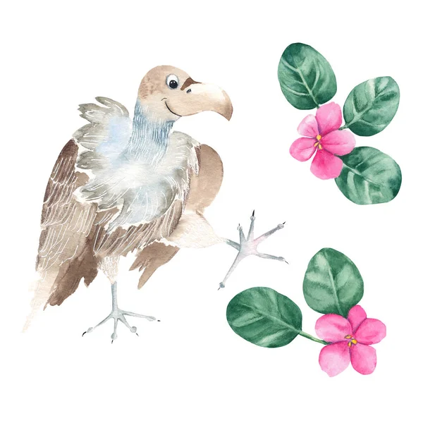 Cute Vulture Violet Flowers Isolated White Background Watercolor Hand Drawn — Stock fotografie