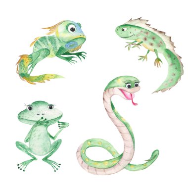 Reptile and amphibians set. Cute frog, snake, iguana and newt isolated on white background. Watercolor hand drawn illustration. Perfect for kid cards and posters, textile prints.