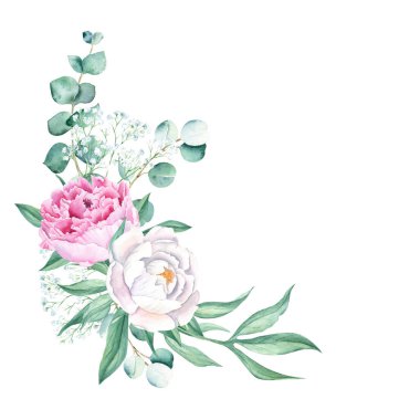 Watercolor bouquet, corner, white and pink peony, eucalyptus and gypsophila branches. Hand painted illustration isolated on white background. Can be used for greeting cards, wedding invitations, save